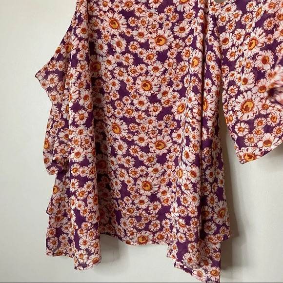 Daisy Floral Layered Cold Shoulder Top Tie Straps Sleeve Lightweight Size Medium - Picture 4 of 11